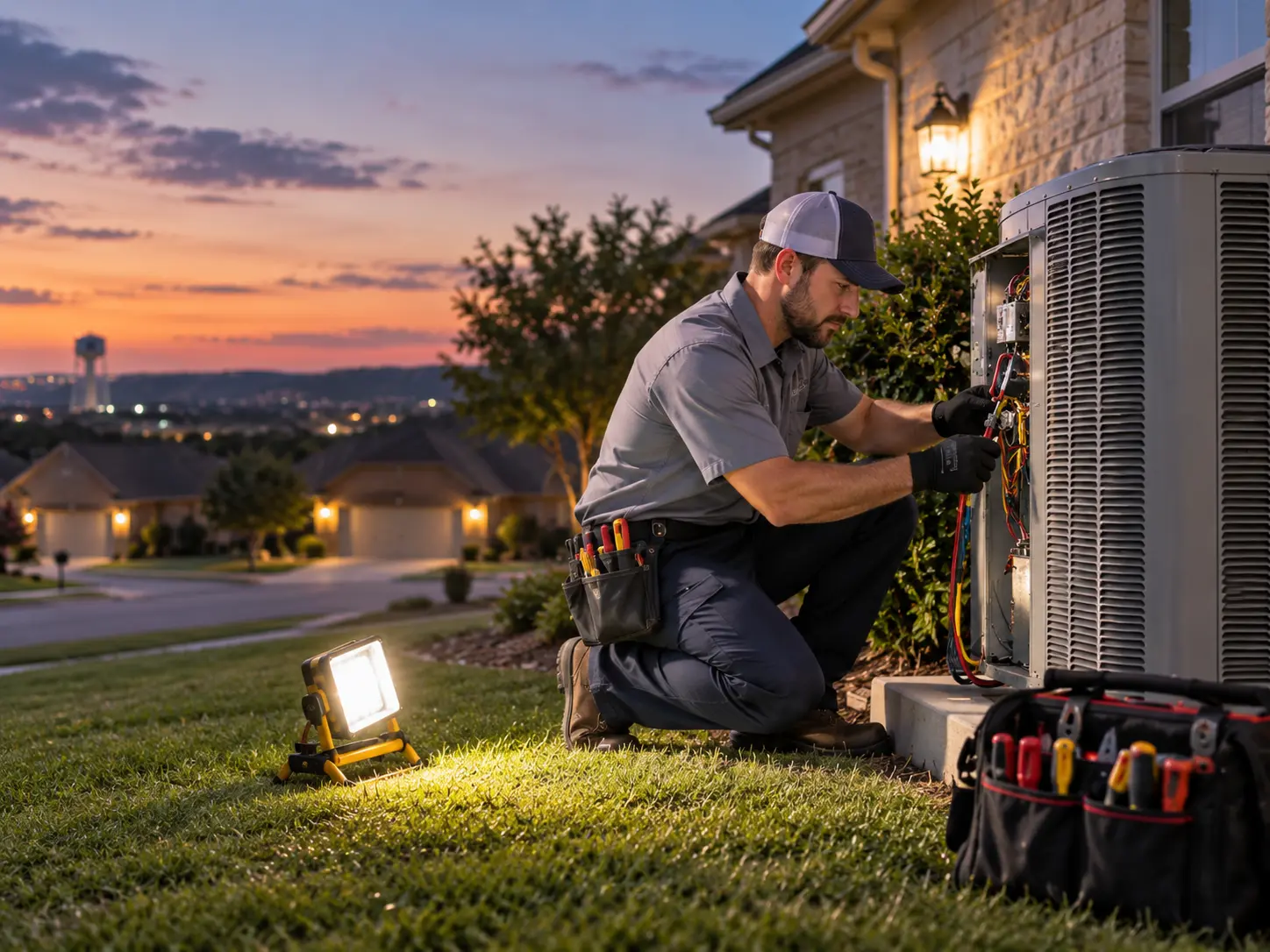Technician diagnosing an outdoor air conditioning unit after dark with a portable work light