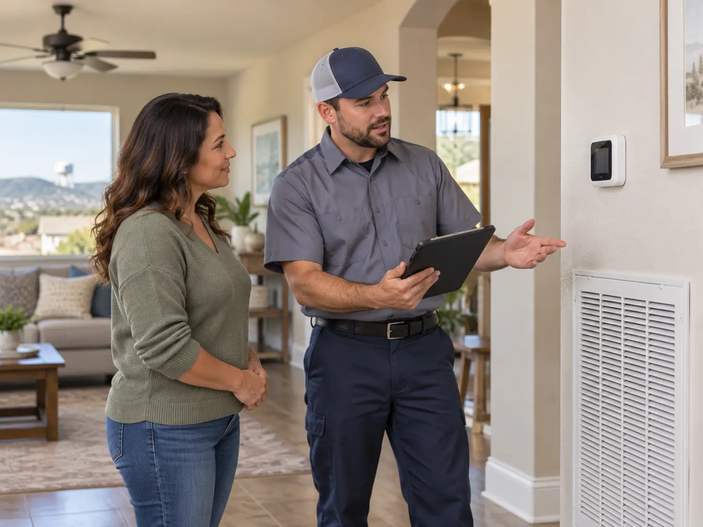 Technician reviewing thermostat operation with a homeowner in a Central Texas living room