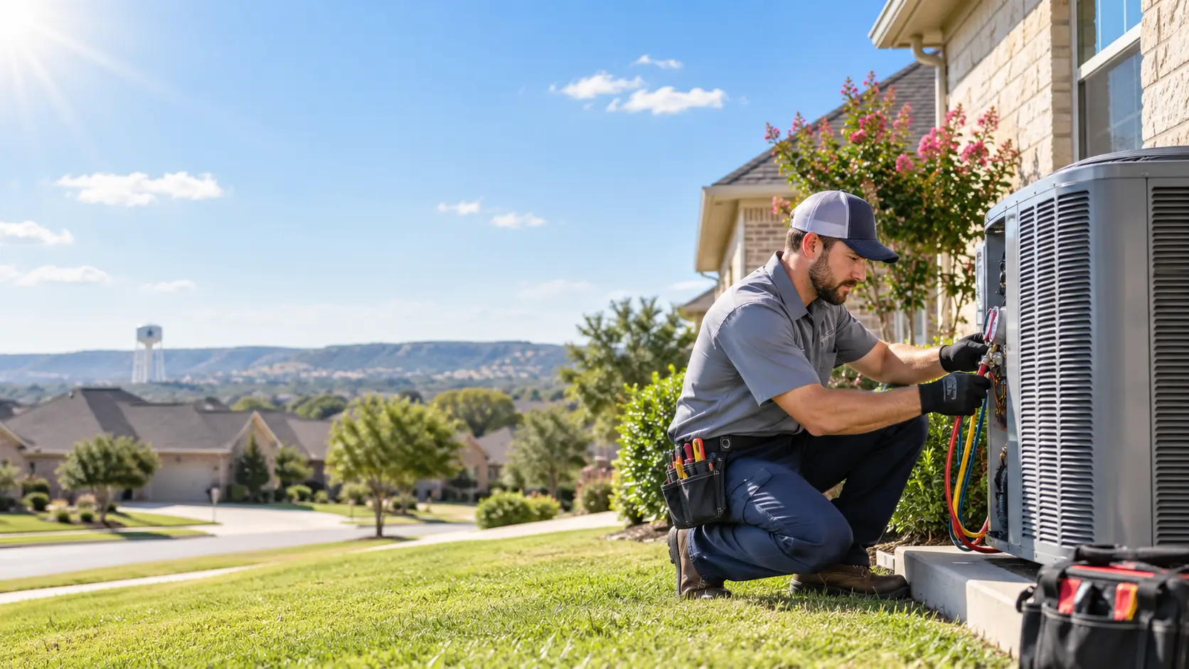 HVAC technician checking refrigerant gauges on an outdoor air conditioning unit at a Central Texas home