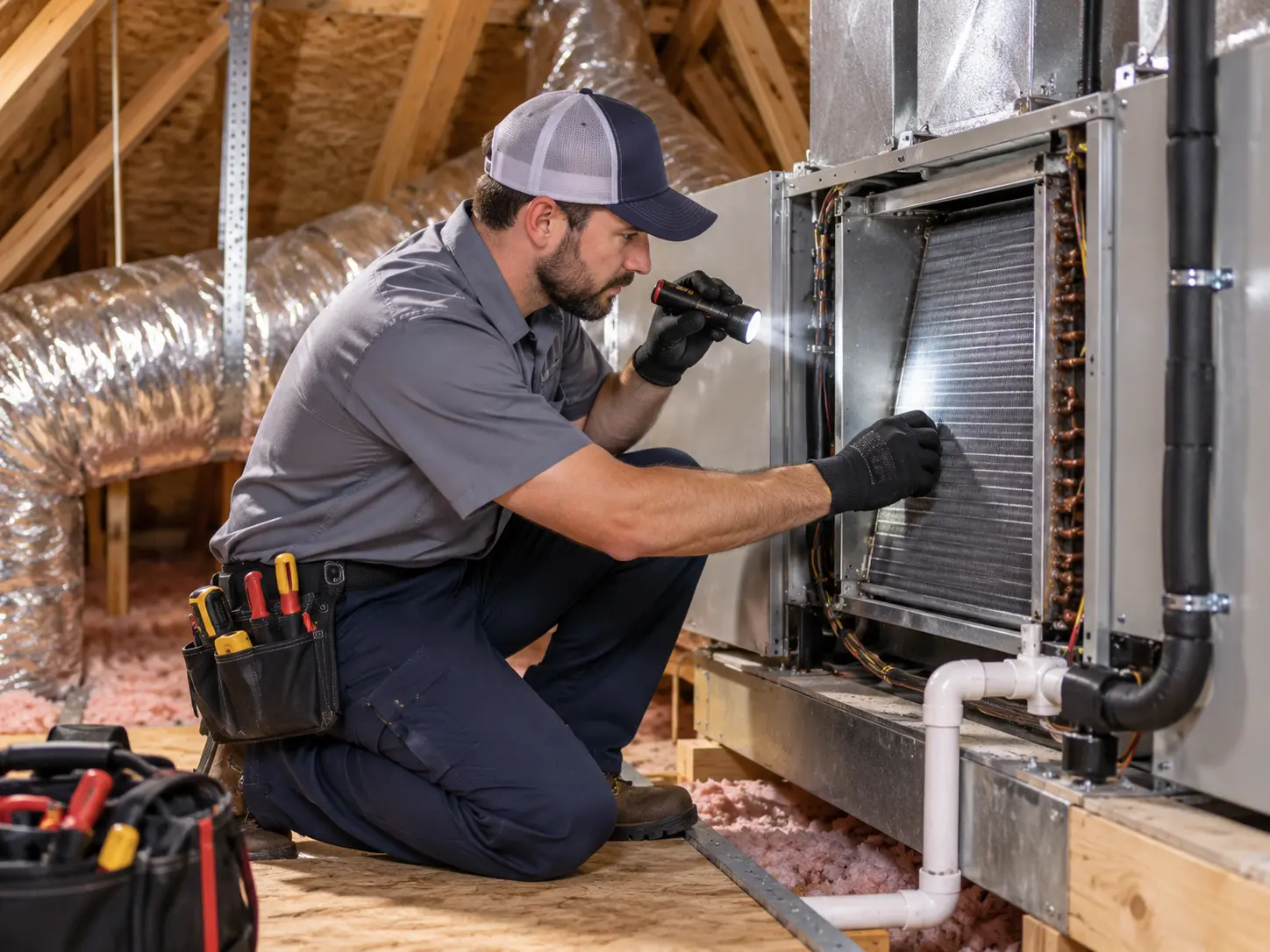Technician inspecting an attic air handler and evaporator coil with a flashlight